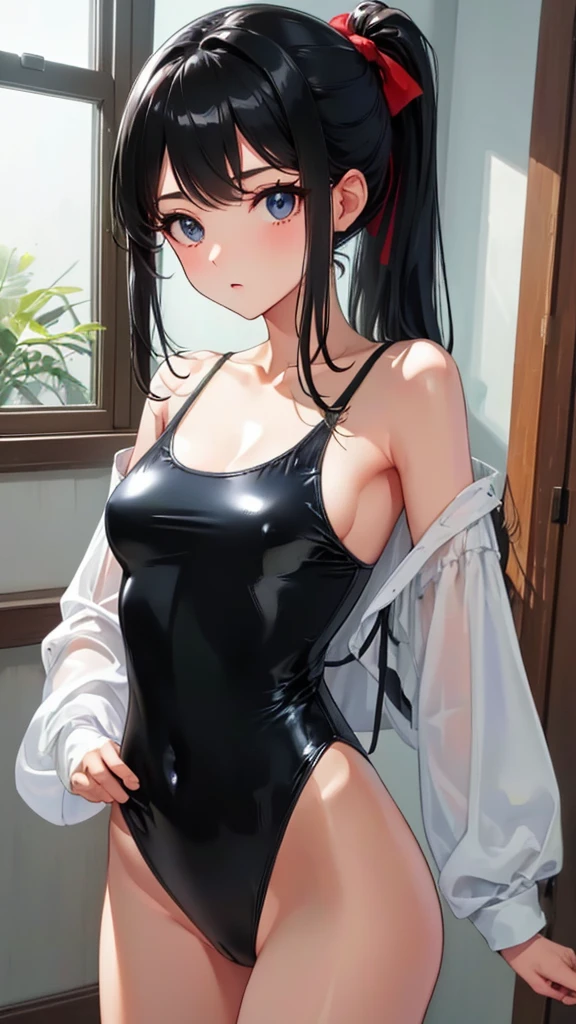 adulto, Cabello negro ondulado, mirada penetrante con ojos profundos de color rojo, estatura promedio, Silky hair with a ponytail hairstyle collected with a red bow with two white lines, tiene pechos medianos, primer plano, session, standing in the middle of his room [[[Risa malvada]]] , Sonrojada, muslos grandes, falda corta color negra, blusa corta de tirantes blanca, black one piece swimsuit, orejas de conejo, medias, swimsuit bodysuit, pantis 
