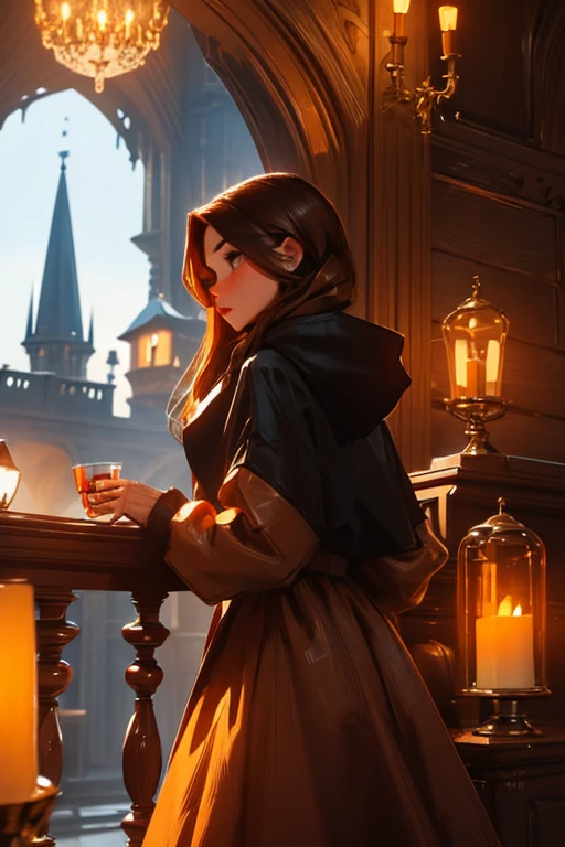 A brown haired woman with copper eyes and an hourglass figure in a sweatshirt dress is exploring a gothic castle with a lantern
