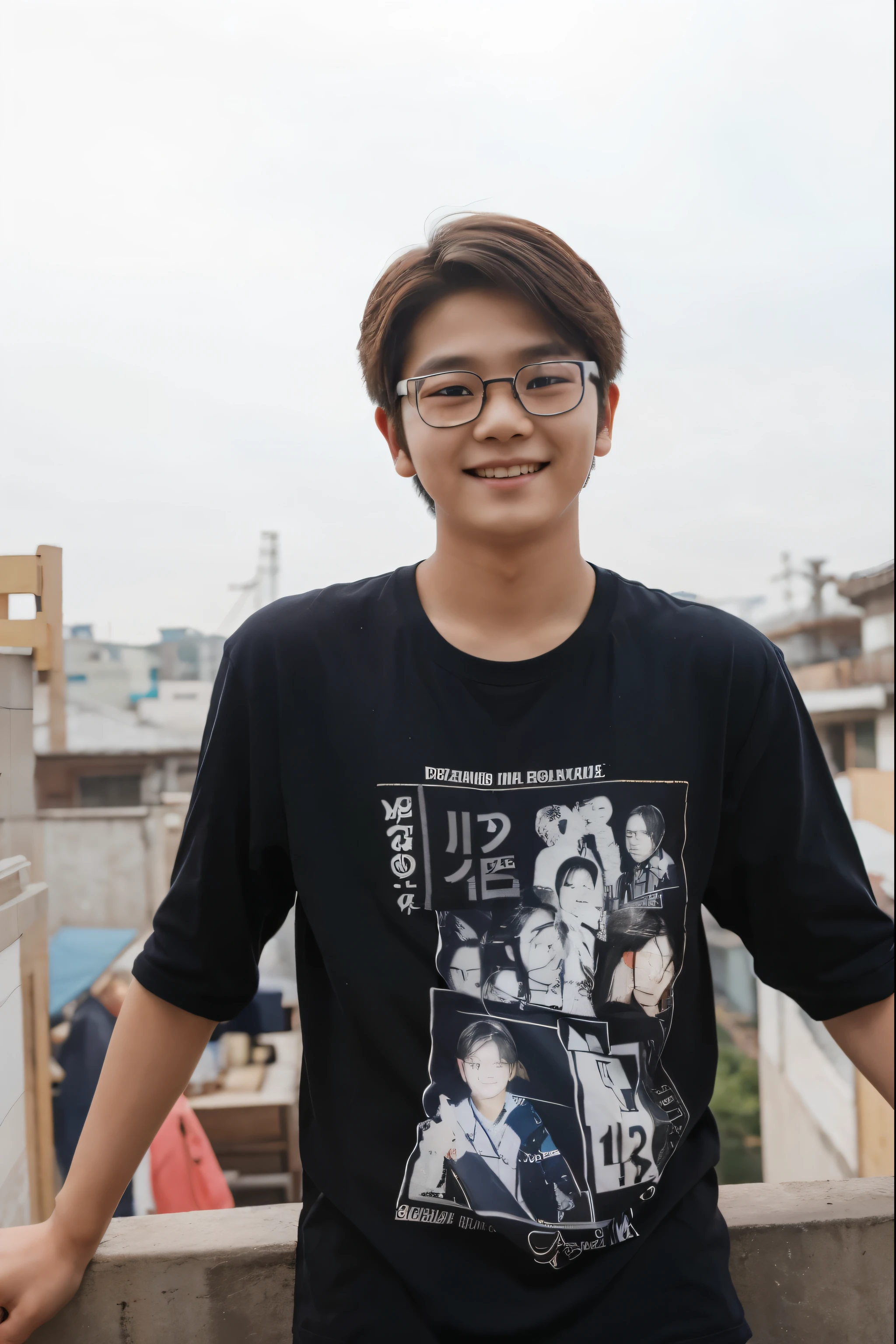 A cute south Korean 12 years old boy with realistic face and hair and goggles which realistic smile, extreme cute, middle part hairstyle extremely hot, double eye leads
