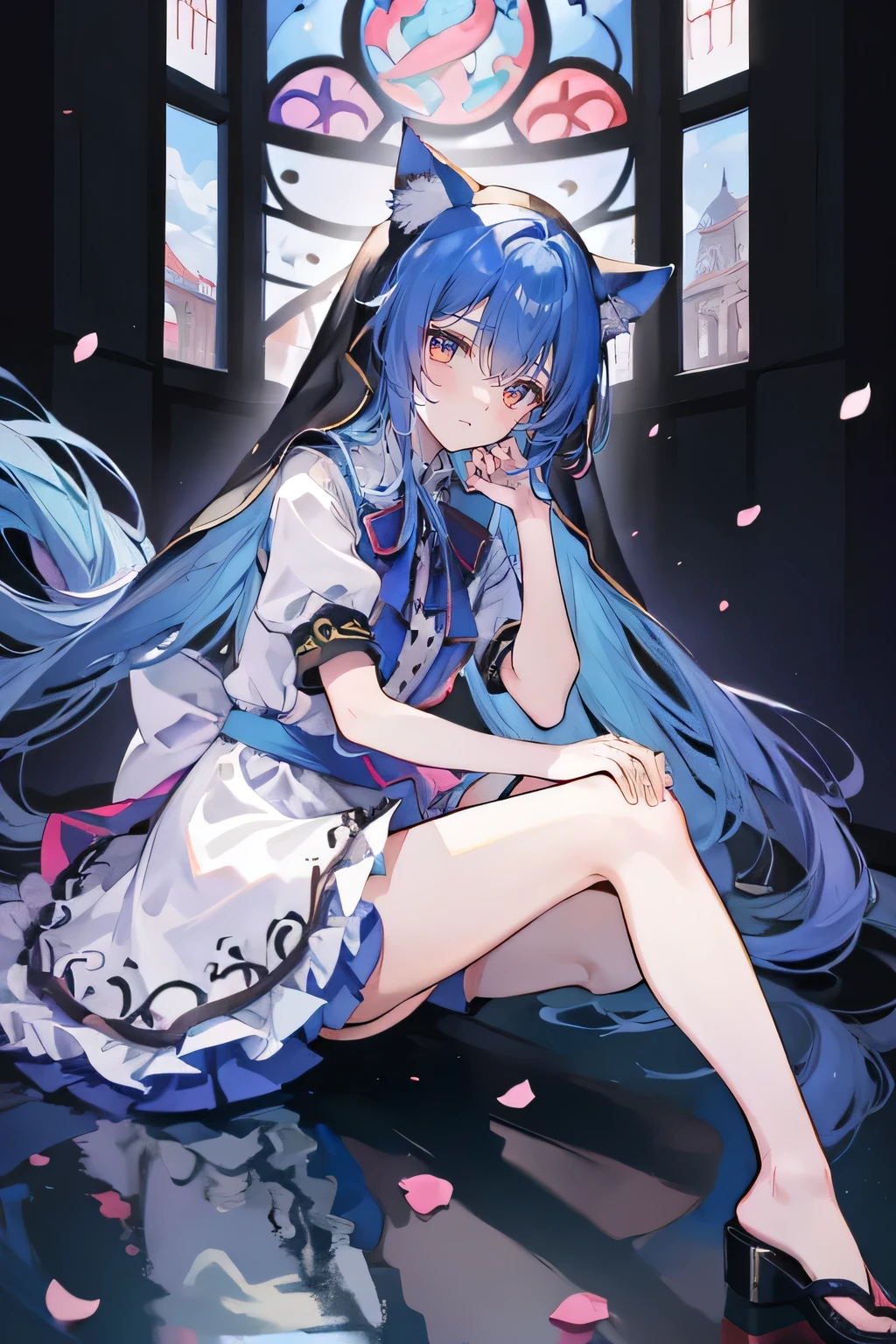 (masterpiece:1.2),Extremely detailed,Practical,expressive eyes,Fair skin,Perfect face shaping,1 Girl,
Japanese cartoons,Gorgeous blue hair, the long flowing blue hair,Floating clothes,Cat ears,Petals fall,beautiful lola,Angel,
Place your hands on your waist,sit elegantly on the ground,Cross your legs,Gentle and peaceful background,stately church,nun.