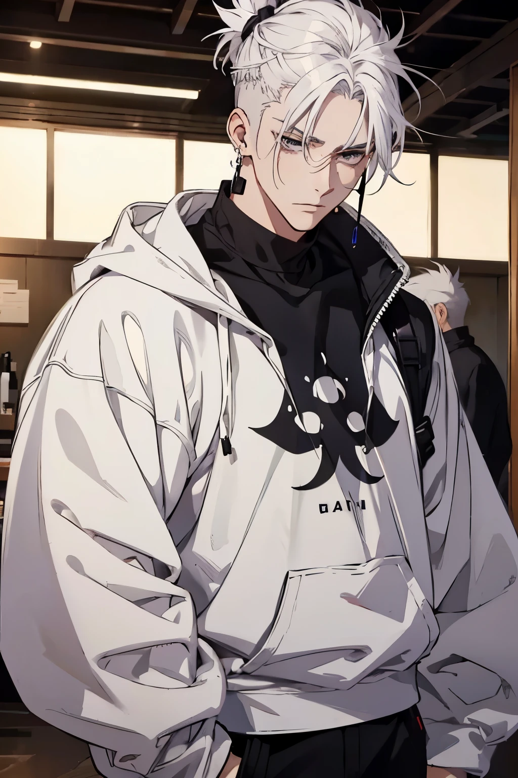 anime man gradient young white hair low on shaved sides turns hair to the left side in the middle serious face with black earrings sweatshirt dark circles under the eyes black big hair chestnut large hair extremely