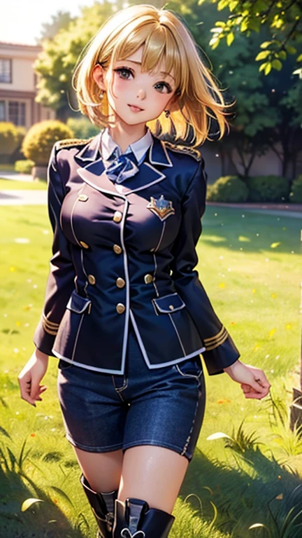 A girl is posing for a photo, cute女の子, Enchanting girl, Anime Girls, 
(((One Girl, Baby Face, cute, 16 years old))), 

(smile), 
(noon、(A garrison in the sunlight、grass)), ((Walking、Cowboy Shot))
BREAK 

(Blonde、Hair blowing in the wind、Very short hair,Pixie Cut), (black eye, Slanted Eyes), BREAK 

(((uniform:1.4、boots)))、Earrings、
BREAK 

(Symmetrical facial features, Perfect Face), (Beautiful breasts, (Ｃcup)), 
Beautiful body, Beautiful clavicle, Beautiful thighs, Beautiful feet, Perfect round butt, (Beautiful fingers), (((Detailed skin, Oily skin, Textured skin, Beautiful Skin))), 

Double eyelids, Long eyelashes, 
(Expression of fine eyes, Beautiful and delicate eyes, Sparkling eyes, Eye Reflexes), 
(Beautiful Nose,Thin Nose), 
(Glossy Lips, Beautiful Lips, thick lips), 
(Beautiful Hair, Shiny Hair, Shiny Hair)), 
BREAK 

(((highest quality)), ((masterpiece)), (Very detailed), (High resolution), (Beautiful detailed sparkle), (High detail), (Anatomically correct)), ((Realistic)), 
(The best CG), Ultra-detailed art, CG illustration, (16k, 1080P), Oil paints, 
