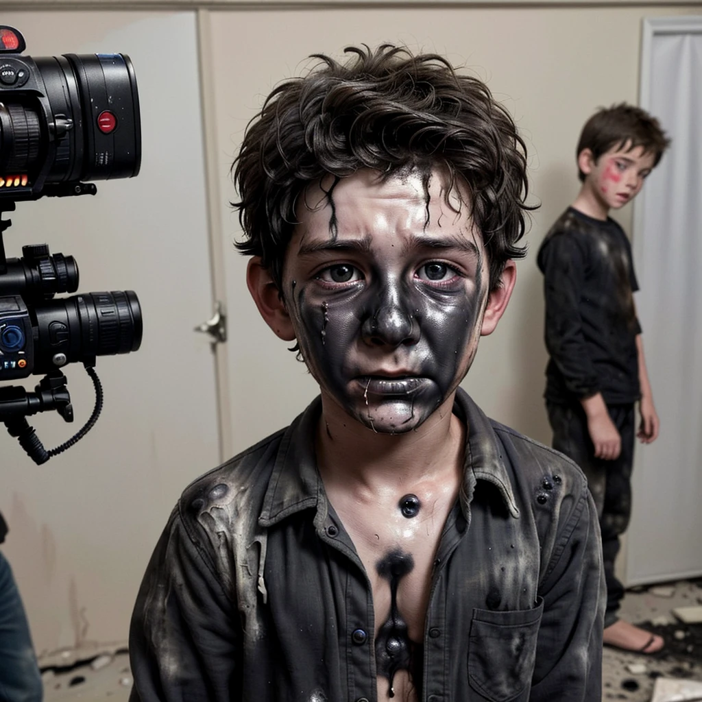 Close-up of a boy actor covered in soot after a bomb explodes during the filming of a comedy movie