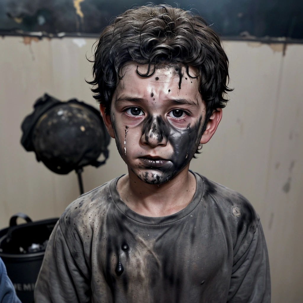 Close-up of a boy actor covered in soot after a bomb explodes during the filming of a comedy movie
