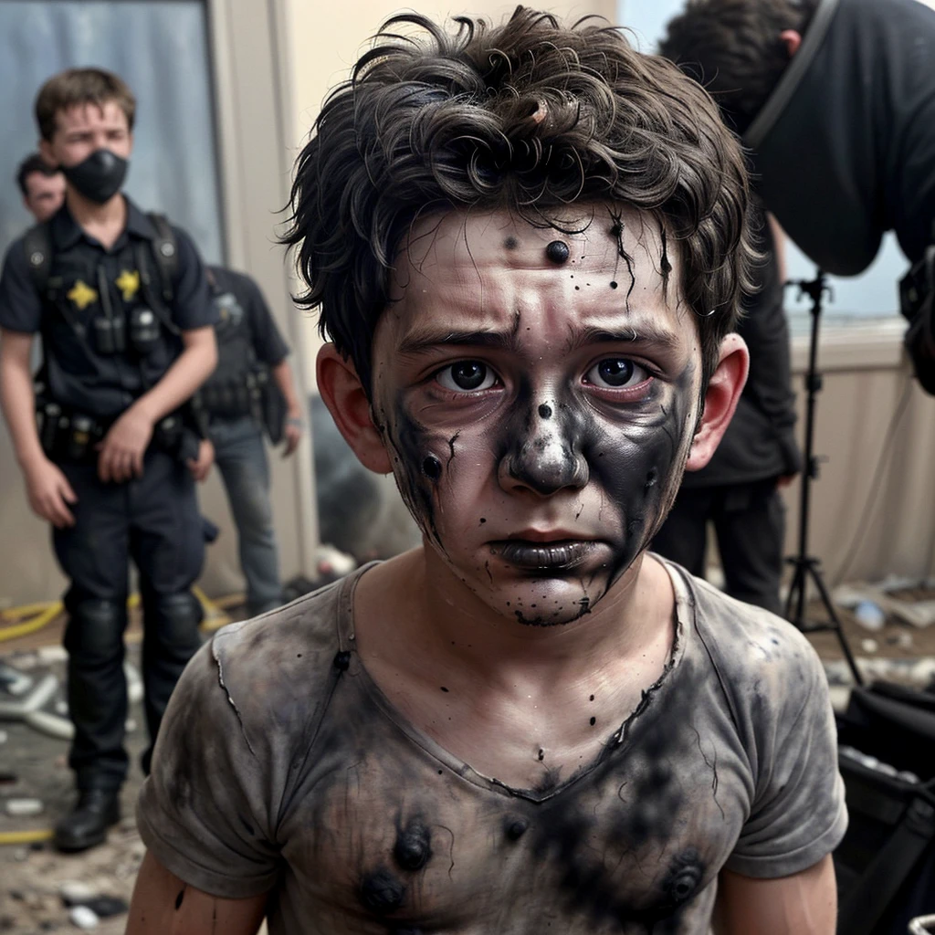 Close-up of a boy actor covered in soot after a bomb explodes during the filming of a comedy movie
