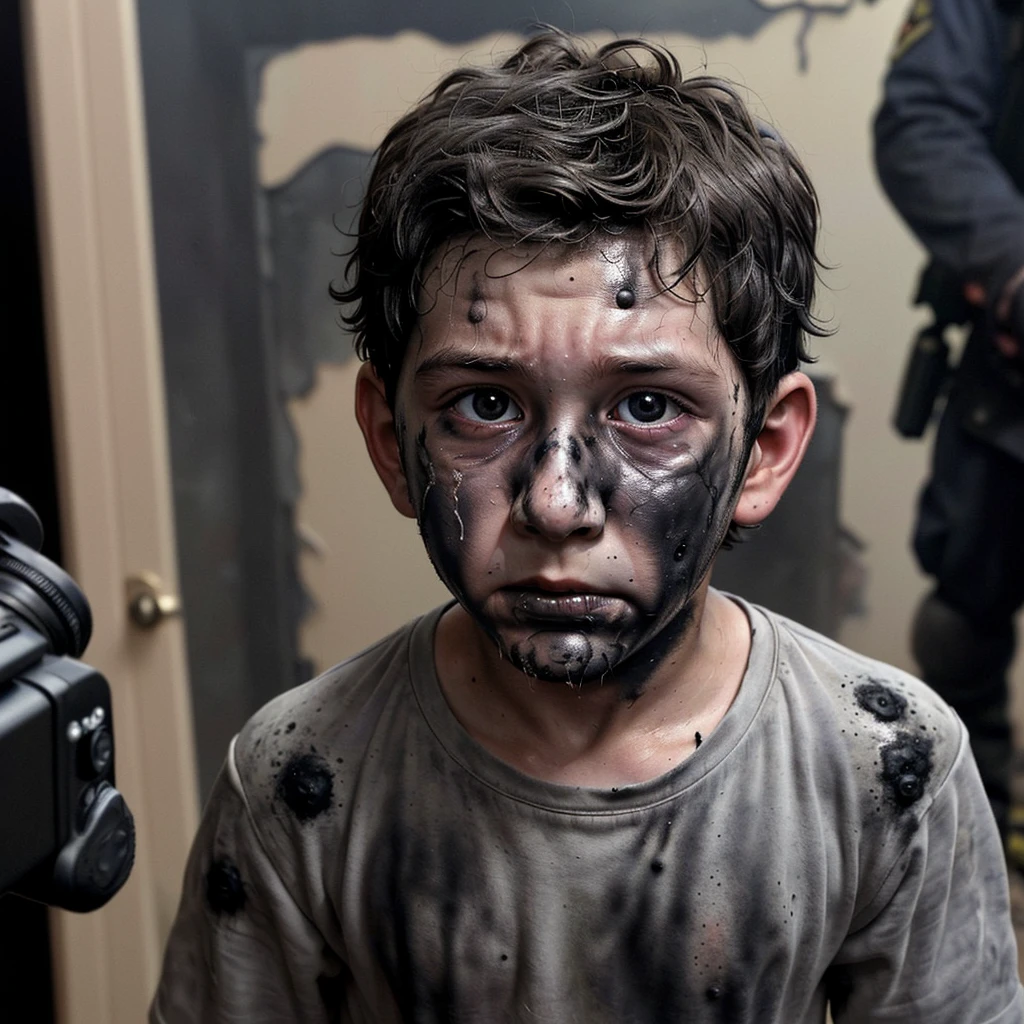 Close-up of a boy actor covered in soot after a bomb explodes during the filming of a comedy movie