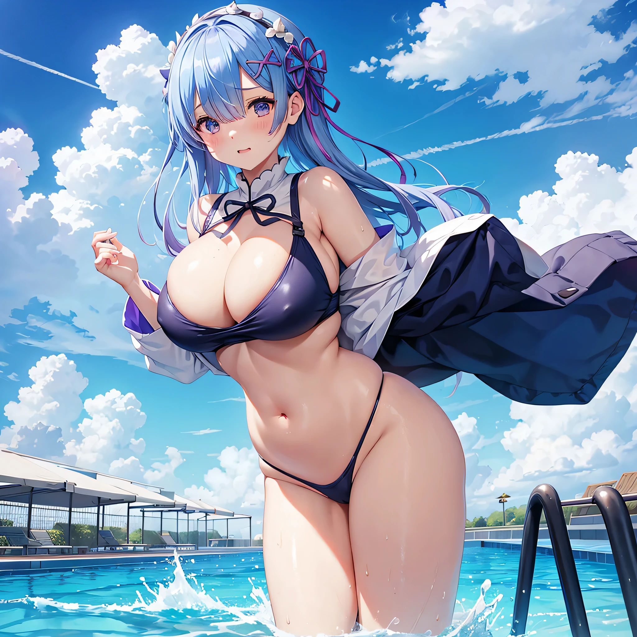 Rem from Re:ZERO -Starting Life in Another World-、Plump、Big boobs、Pool、School、School swimsuit is torn and tight、Embarrassed、M-shaped legs、Spread your legs on your own、Outdoor、The clouds are beautiful。Swimsuit flipped over with hand to reveal genitals、Exposed skin。