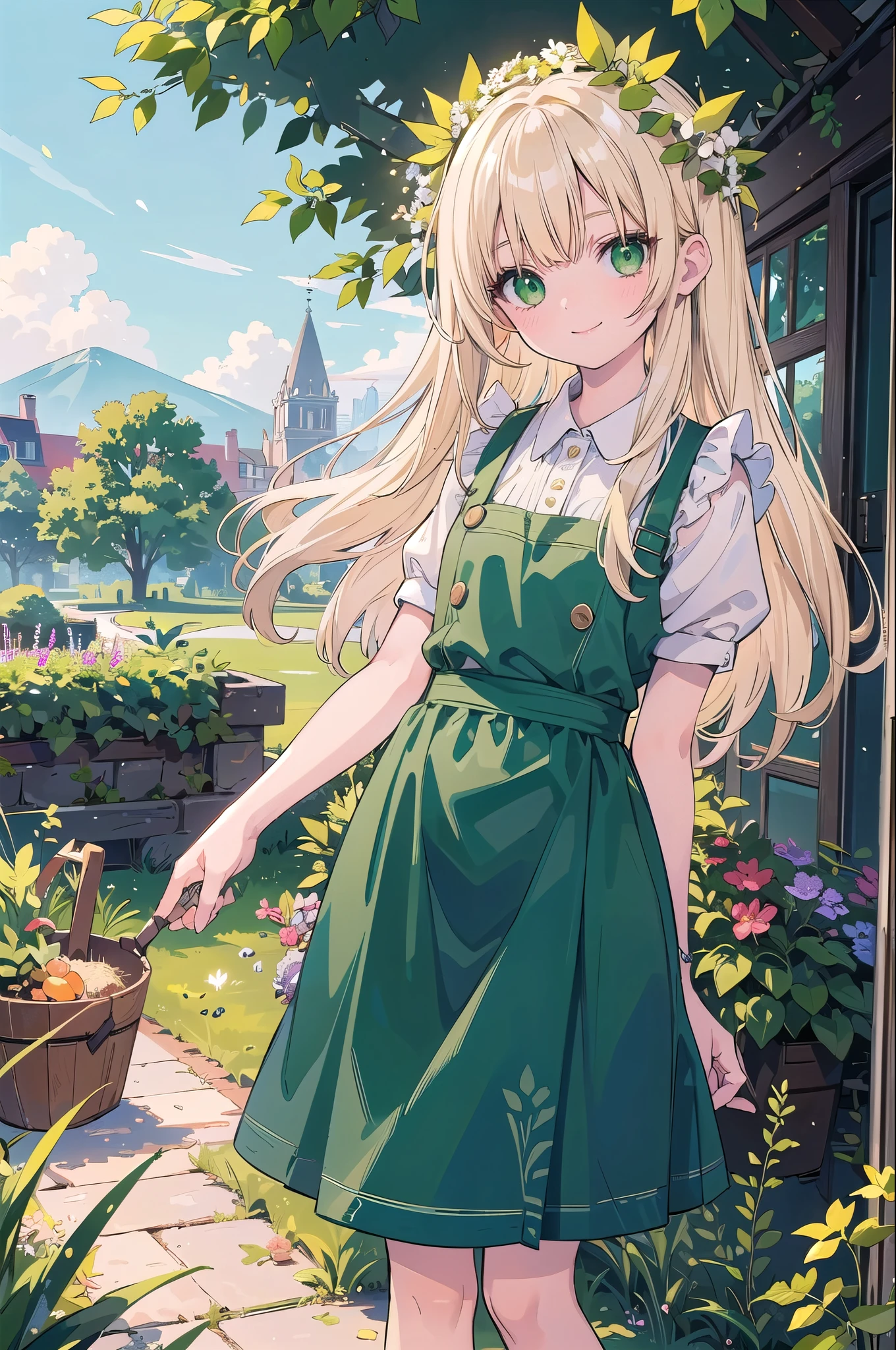 masterpiece, highest quality, Super detailed, Beautiful lighting, With a girl, White apron, blonde, (Green Eyes: 1.3), Are standing, Parks are prohibited, Beautiful views, Mild hot flashes, smile, (cute smile: 1,1), (Bright lips: 1,1), (Beautiful Eyes: 1,1), Long-haired, Harvesting herbs in the garden, Platinum blonde