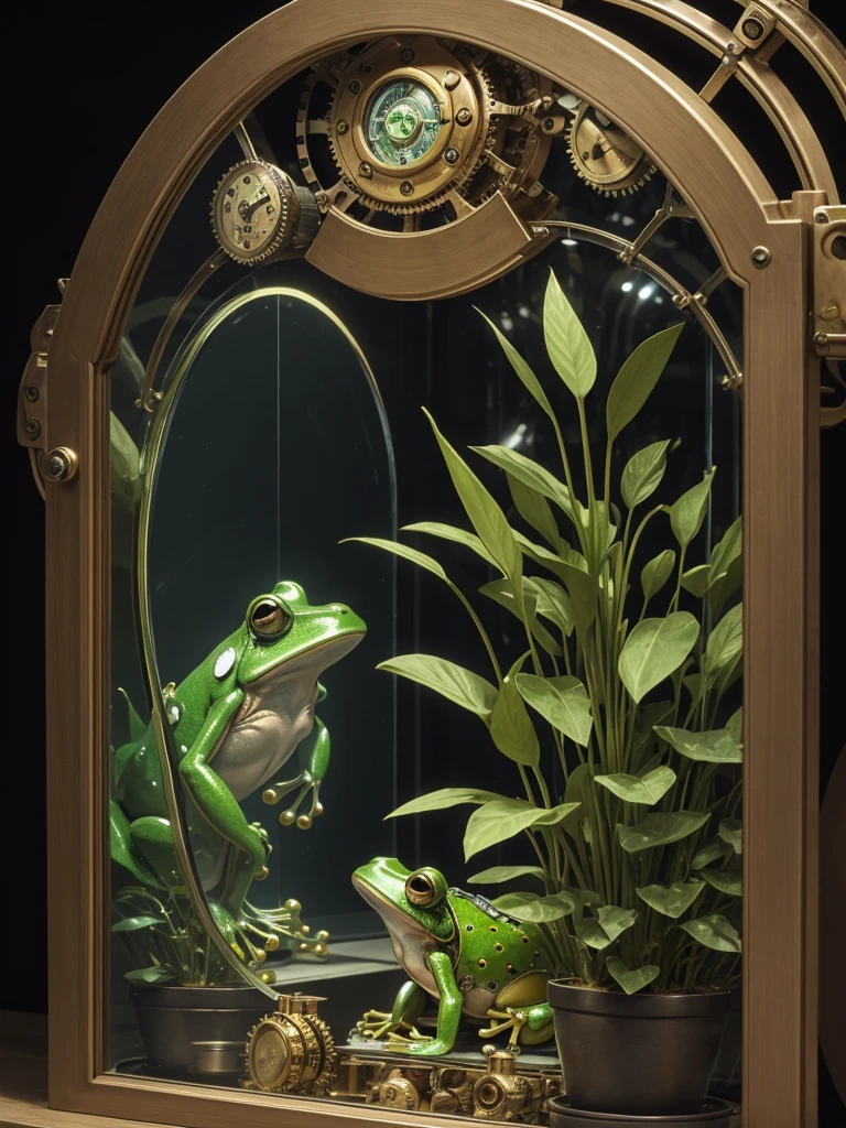 The mechanical steampunk frog looks at itself in an infinite plant mirror with glass frogs 