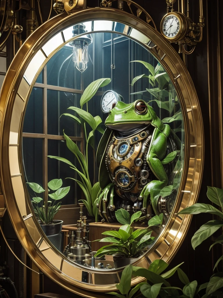 The mechanical steampunk frog looks at itself in an infinite plant mirror with glass frogs 