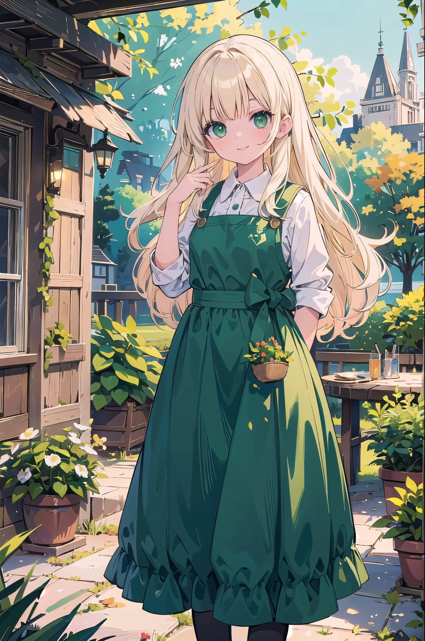 masterpiece, highest quality, Super detailed, Beautiful lighting, With a girl, White apron, blonde, (Green Eyes: 1.3), Are standing, Parks are prohibited, Beautiful views, Mild hot flashes, smile, (cute smile: 1,1), (Bright lips: 1,1), (Beautiful Eyes: 1,1), Long-haired, Harvesting herbs in the garden, Platinum blonde