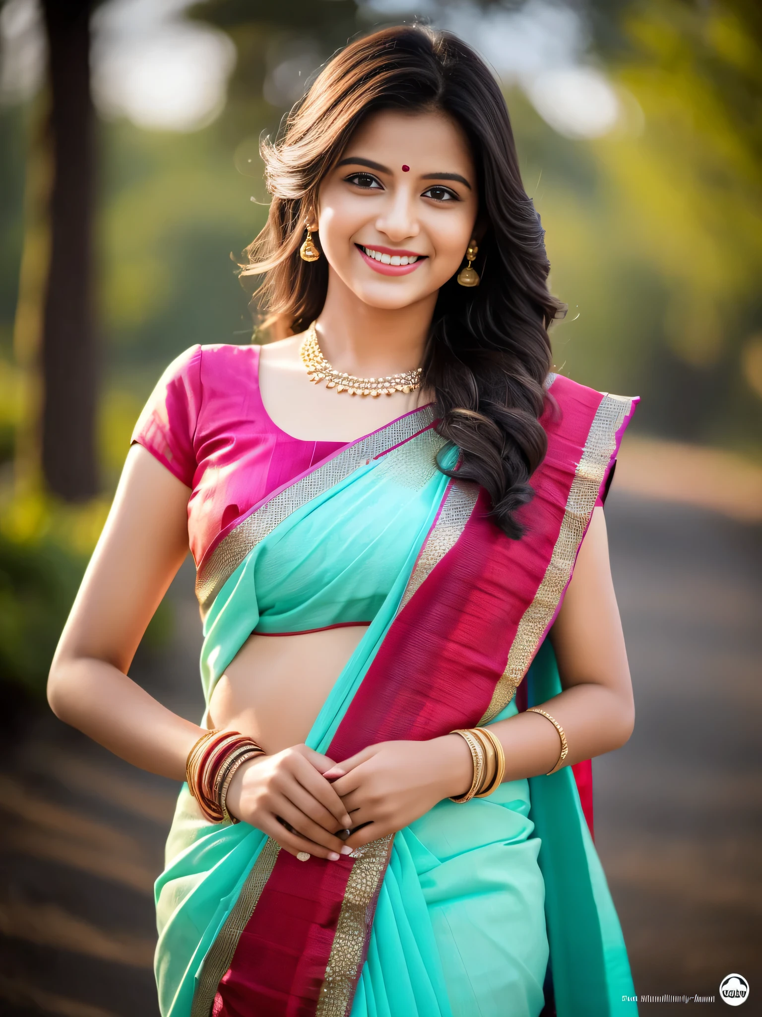 Young Indian girl in saree romantic poses smiling looking forward 8k hyperrealstic detailed super model 