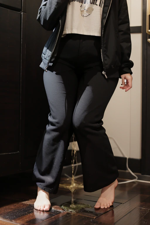Japanese Girl sees the ghost and pees her black palazzo pants until her pants are wet in fright.