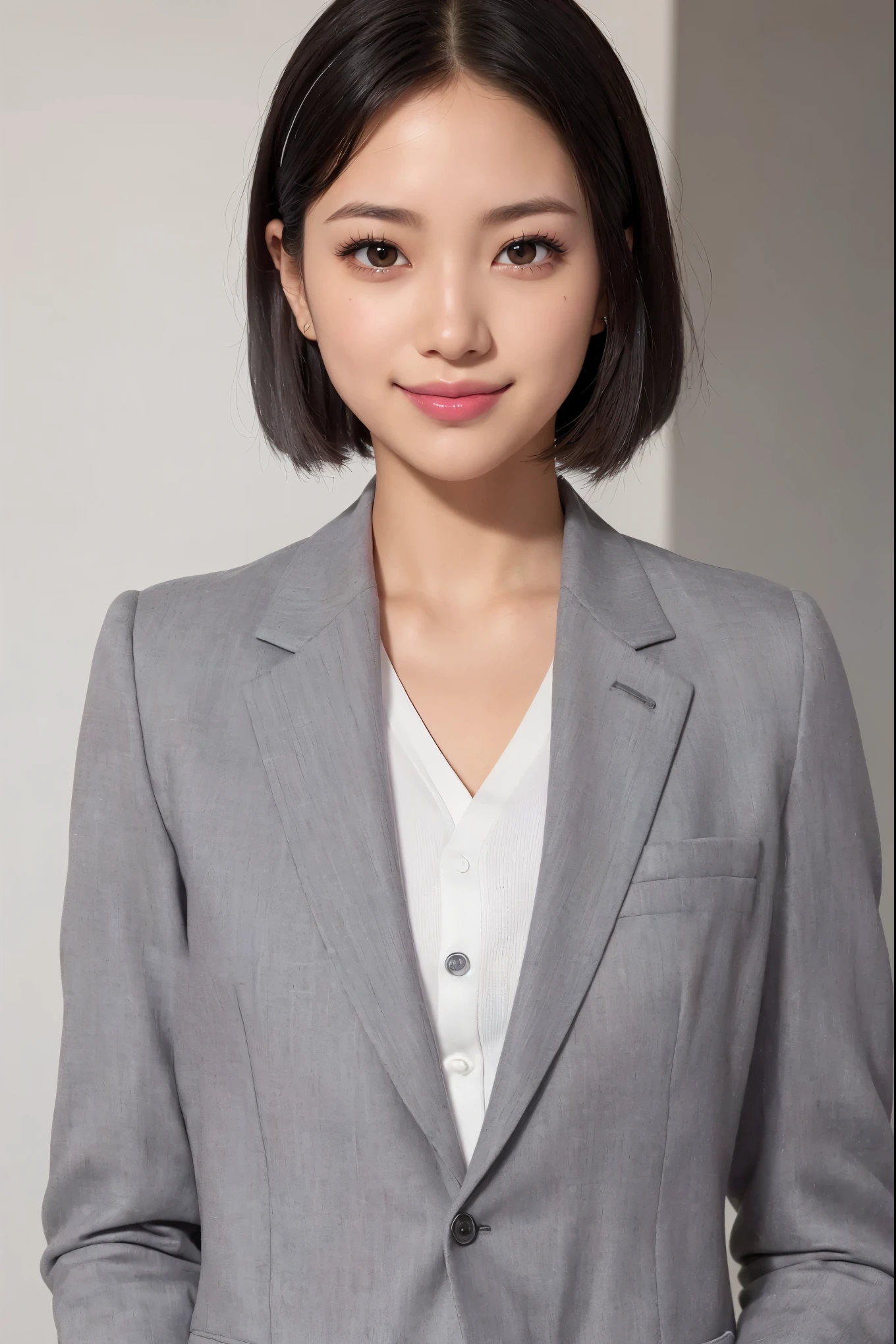 (masterpiece, Best image quality, high quality, High resolution, Realistic:1.2), Bust Shot, Pink blank background, (Bright lighting, Professional Lighting), One Woman, Realisticな肌, Fine skin, Beautiful Skin, Muscular body, (Black Hair, Mid-length hair, Eyelash extensions, Beautiful Eyes, Heavy makeup, black eye, How to draw eyes carefully, Looking at the audience, cute, Embarrassing, smile:1.2), (Lean upper body:1.2), ((Grey suit jacket), White buttoned shirt:1.3), 優しいsmile, I can see your teeth