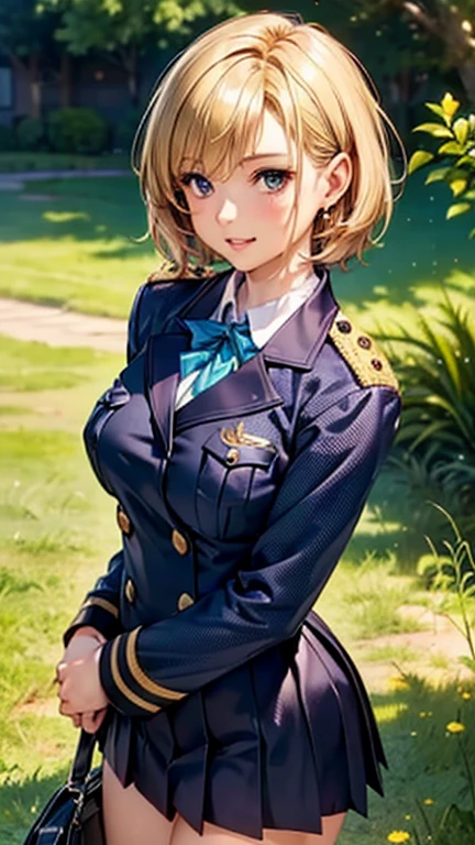 A girl is posing for a photo, cute***, Enchanting girl, Anime Girls, 
(((One Girl, Baby Face, cute, ************))), 

(smile), 
(noon、(A garrison in the sunlight、grass)), ((Walking、Cowboy Shot))
BREAK 

(Blonde、Very short hair,Pixie Cut), (black eye, Slanted Eyes), BREAK 

(((uniform:1.4)))、Earrings、
BREAK 

(Symmetrical facial features, Perfect Face), (Beautiful breasts, (Ｃcup)), 
Beautiful body, Beautiful clavicle, Beautiful thighs, Beautiful feet, Perfect round butt, (Beautiful fingers), (((Detailed skin, Oily skin, Textured skin, Beautiful Skin))), 

Double eyelids, Long eyelashes, 
(Expression of fine eyes, Beautiful and delicate eyes, Sparkling eyes, Eye Reflexes), 
(Beautiful Nose,Thin Nose), 
(Glossy Lips, Beautiful Lips, thick lips), 
(Beautiful Hair, Shiny Hair, Shiny Hair)), 
BREAK 

(((highest quality)), ((masterpiece)), (Very detailed), (High resolution), (Beautiful detailed sparkle), (High detail), (Anatomically correct)), ((Realistic)), 
(The best CG), Ultra-detailed art, CG illustration, (16k, 1080P), Oil paints, 
