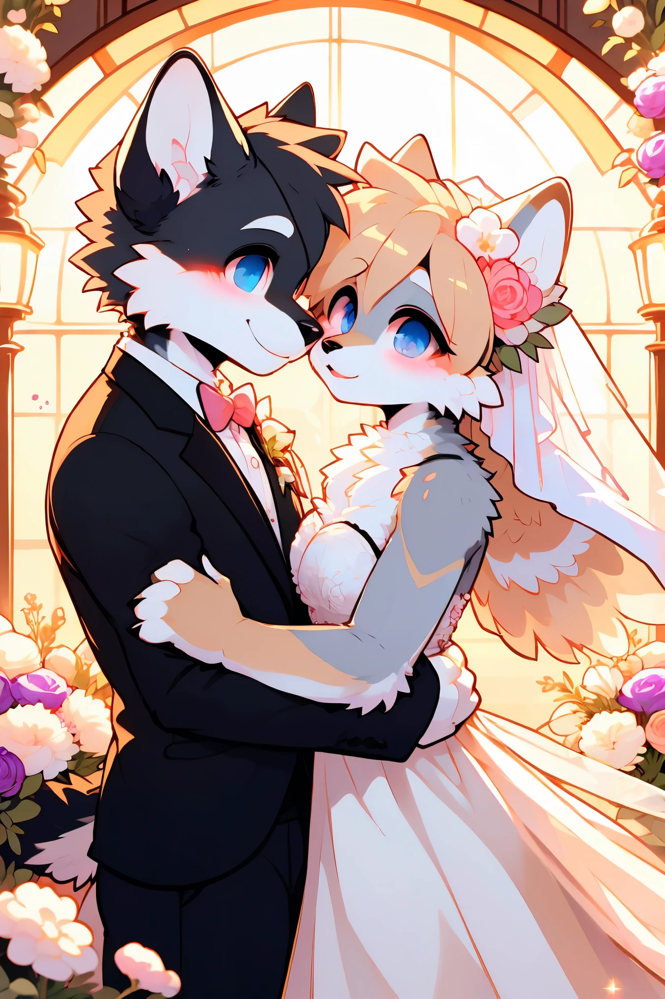 Top quality, ultra-fine illustrations(associations, colorful stained glass with shimmering light, kaleidoscope, wedding aisles lined with jewel-like lamps)(very detailed and beautiful faces, very detailed and beautiful eyes, eyes with lively brilliance)absurdres, perfect anatomy(angelic cute 1girl, kemono, angelic handsome 1boy, couple)(happy wedding, husband in tuxedo, beastman wife in wedding dress, husband hugging wife's shoulders, Two people staring at each other and smiling, wedding photo, bouquet of beautiful flowers, shining wedding ring on ring finger)(furry anthro:1.7)(furry body, animal face features, animal body features)(very detailed fur)full body, smile, kiss (dynamic pose),