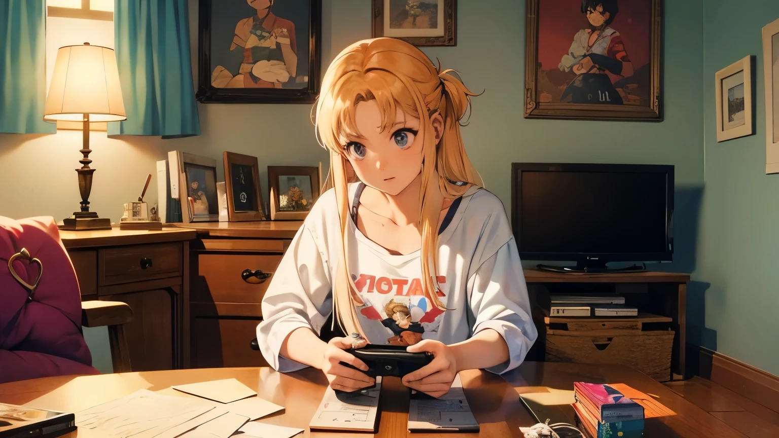 An illustration of a girl playing a PlayStation video game in a retro-style room. The girl is wearing casual 90s-style clothing and is happily engrossed in the game. In the background, there's an old CRT television displaying a classic PlayStation game. On top of the TV, there are some game discs and cases scattered around. The room's interior features wooden furniture, vintage posters, and other nostalgic items from the 90s. Soft evening sunlight is streaming through the window, casting a warm, nostalgic glow over the entire scene.
