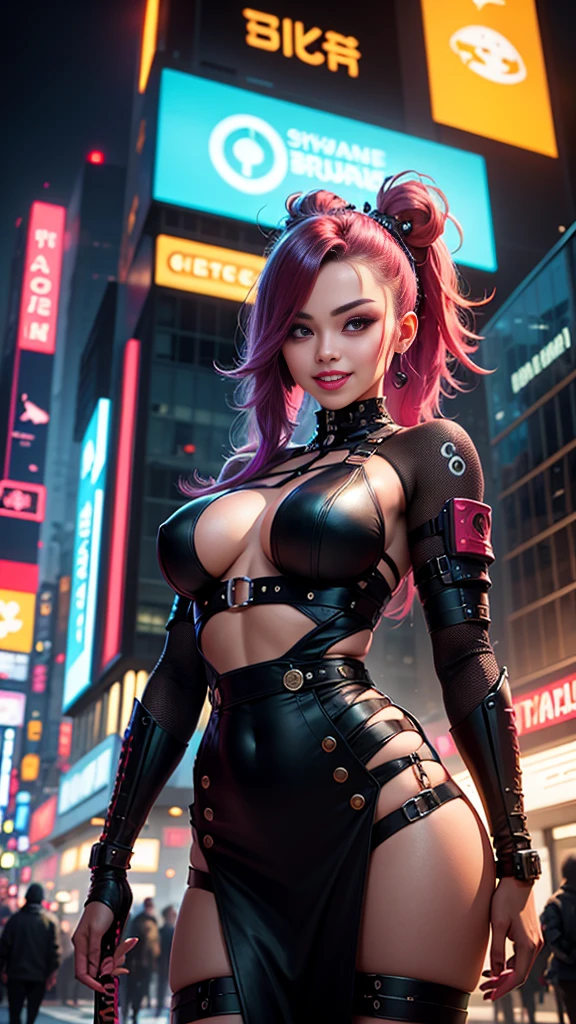 Two Samurai girl cool ,ninjas Cyborg, ninja cyberspace, katana samurai,masterpiece, best quality, 2 ((smiling)) cyberpunk girls standing together, Harajuku-inspired cyberpunk body harness, bold colors and patterns, eye-catching accessories, trendy and innovative hairstyle, dazzling Cyberpunk cityscape, skyscrapers, glowing neon signs, LED lights, anime illustration, detailed skin texture, detailed cloth texture, beautiful detailed face, intricate details, ultra detailed, cinematic lighting, strong contrast.