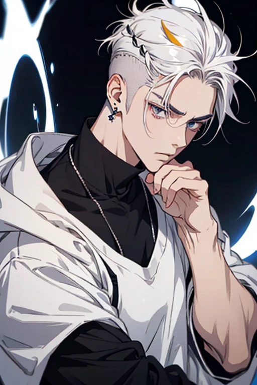 anime man gradient young white hair low on shaved sides turns hair to the left side in the middle serious face with black earrings sweatshirt dark circles under the eyes black big hair chestnut large hair extremely