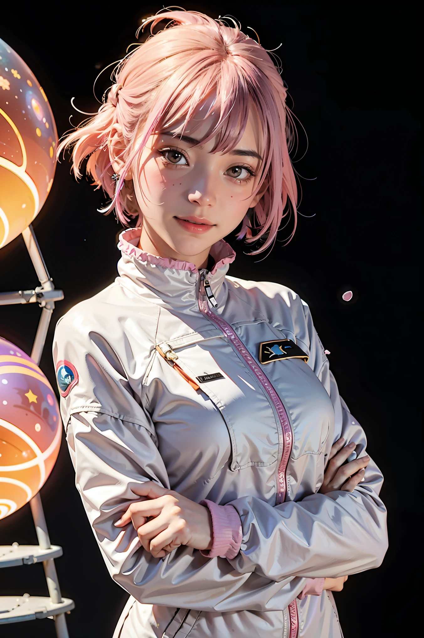 (best quality, masterpiece), 1girl, pose, particle, wind, flower, upper body, simple background, looking at viewer, pink hair, galaxy, space suit,