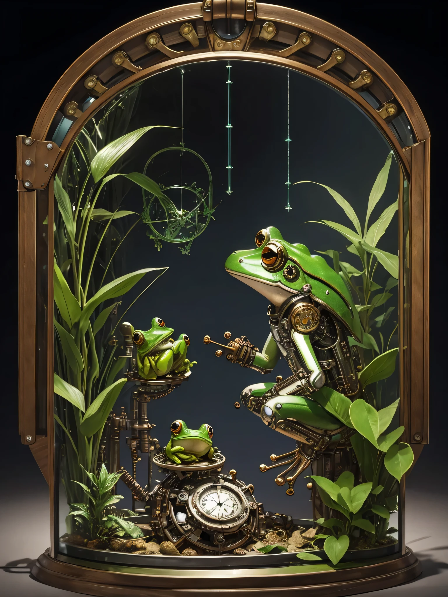 The mechanical steampunk frog looks at itself in an infinite plant mirror with glass frogs 