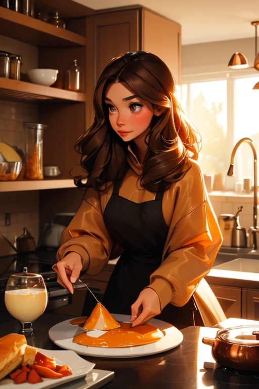 A brown haired woman with copper eyes and an hourglass figure in a sweatshirt dress is making breakfast in a fancy kitchen