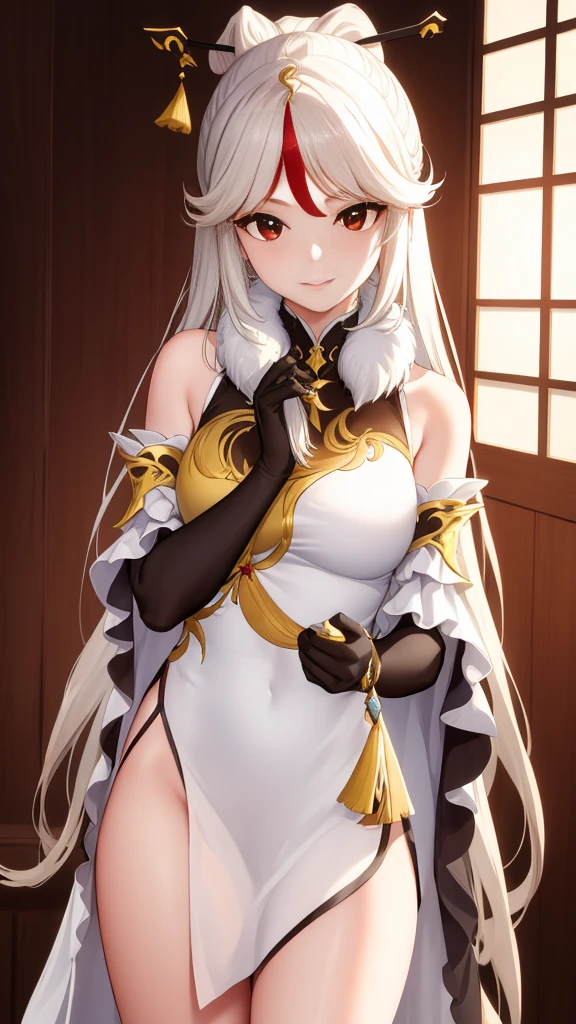 1 woman, milf, ningguang, ningguang, grey hair, hair ornament, hairpin, long hair, parted bangs, (red eyes:1.5), sidelocks, streaked hair, red hair, smile, medium breast,
BREAK bare shoulders, black gloves, chinese clothes, claw ring, detached sleeves, dress, elbow gloves, frilled sleeves, frills, fur collar, gloves, jewelry, pelvic curtain, sleeveless, sleeveless dress, white dress,
BREAK looking at viewer, full body, (cowboy shot:1.5),
BREAK indoors,
BREAK (masterpiece:1.2), best quality, high resolution, unity 8k wallpaper,NSFW ,(illustration:0.8), (beautiful detailed eyes:1.6), extremely detailed face, perfect lighting, extremely detailed CG, (perfect hands, perfect anatomy),