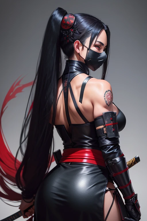 ((best quality)), ((masterpiece)), (detailed), Female shinobi looking back, shot from behind, masked, visible long black hair, with katana, dark padded outfit with leather and metallic accessories, black and red, dark tones, muted colors, high contrast, hyperrealism, black backdrop, minimal lighting