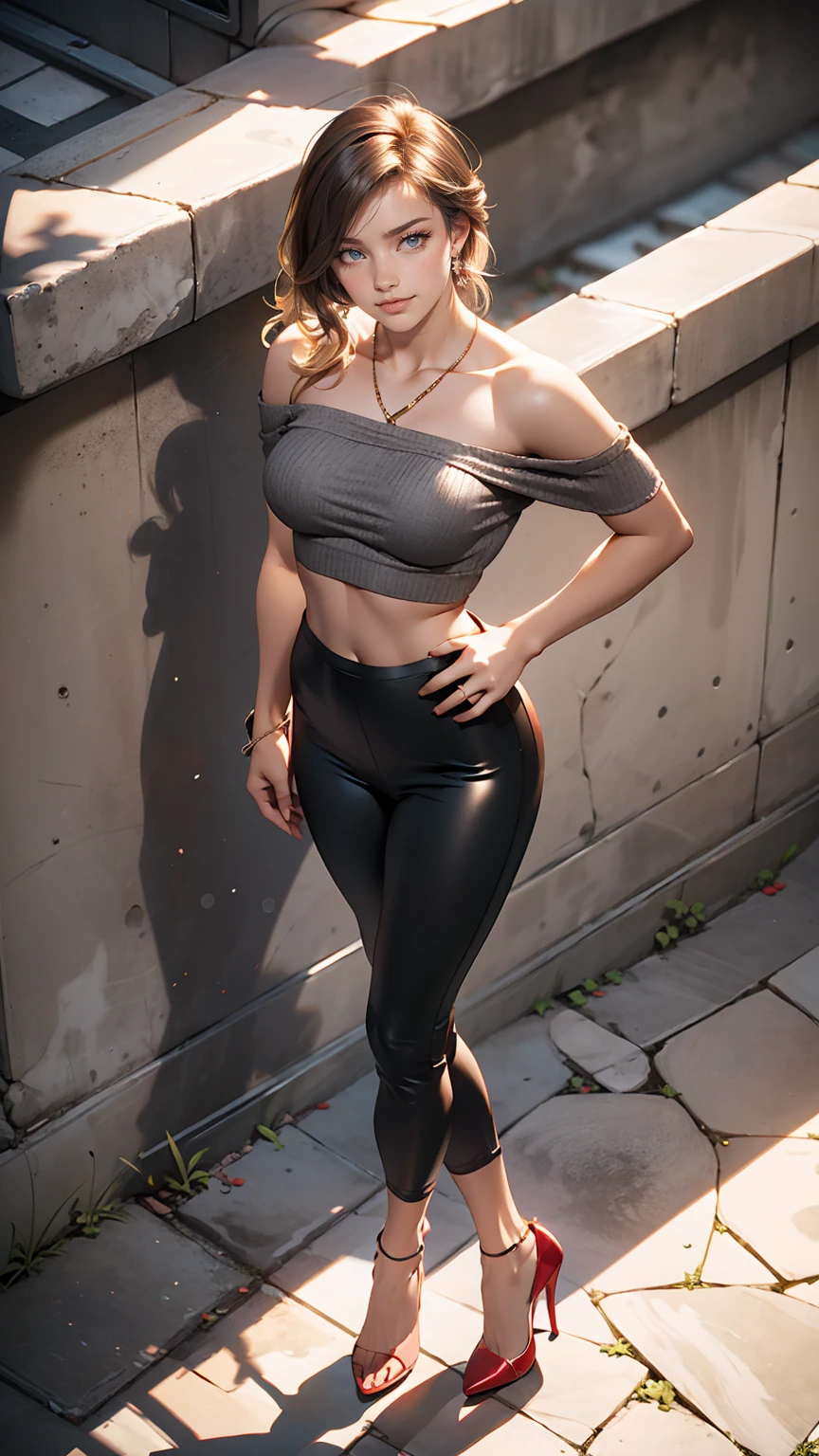 24-year-old female、long hair、Hair becomes wavy、Sexy proportions、Wear a one-shoulder top、Wear low rise leggings、Wear stiletto heels、smile、Place your hands on your hips、Old concrete wall background、sunlight from directly above