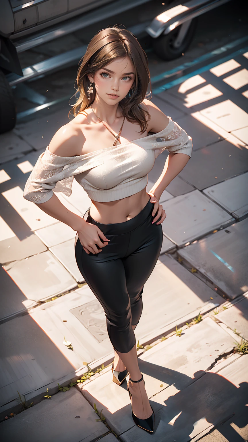 24-year-old female、long hair、Hair becomes wavy、Sexy proportions、Wear a one-shoulder top、Wear low rise leggings、Wear stiletto heels、smile、Place your hands on your hips、Old concrete wall background、sunlight from directly above