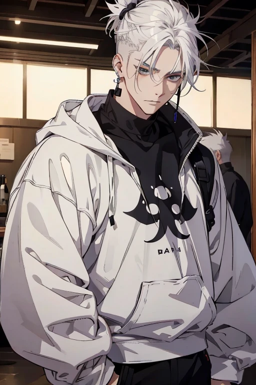 anime man gradient young white hair low on shaved sides turns hair to the left side in the middle serious face with black earrings sweatshirt dark circles under the eyes black big hair chestnut large hair extremely
