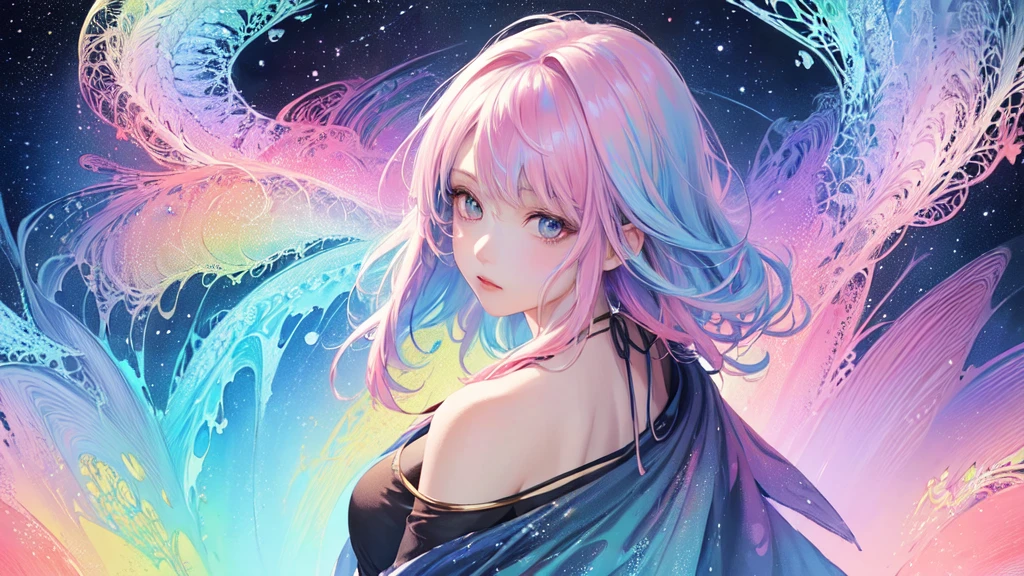 (masterpiece, top quality, best quality,watercolor (medium),official art, beautiful and aesthetic:1.2),(1girl:1.3), (fractal art:1.3),upper body, from side, looking at viewer,patterns,(rainbow color Hair,colorful hair,half blue and half pink hair:1.2),water,liquid, cloud,colorful, starry,stars, shining