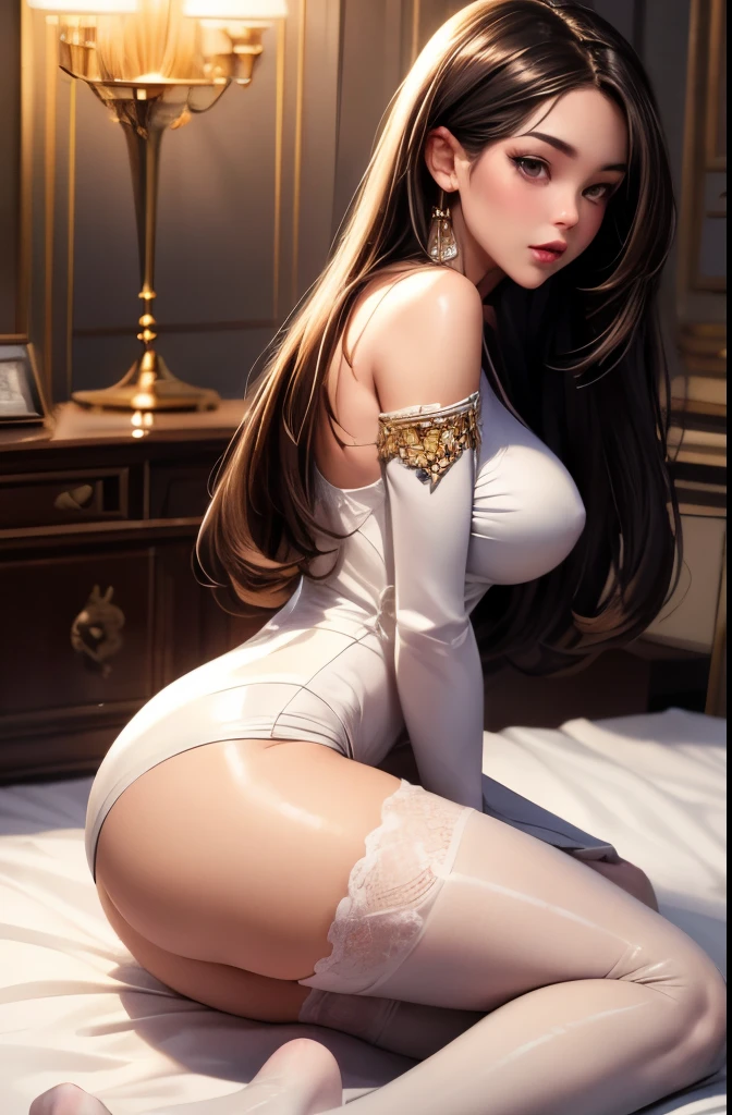 best quality, 32k, RAW photo, incredibly absurdres, extremely detailed, beautiful woman, white dress, sit on the floor, black shiny stockings, light brown shiny straight hair, amorous expression, lewd expression, great proportion, background luxurious and brilliantly decorated bedroom, professional lighting