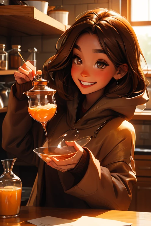 A brown haired woman with copper eyes and an hourglass figure in a sweatshirt dress is making potions with a smile in the kitchen