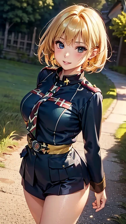 A girl is posing for a photo, cute***, Enchanting girl, Anime Girls, 
(((One Girl, Baby Face, cute, ************))), 

(smile), 
(noon、(A garrison in the sunlight、grass)), ((Walking、From before、Cowboy Shot))
BREAK 

(Blonde、Very short hair,Pixie Cut), (black eye, Slanted Eyes), BREAK 

(((CzechMlok,uniform:1.4)))、Earrings、
BREAK 

(Symmetrical facial features, Perfect Face), (Beautiful breasts, (Ｃcup)), 
Beautiful body, Beautiful clavicle, Beautiful thighs, Beautiful feet, Perfect round butt, (Beautiful fingers), (((Detailed skin, Oily skin, Textured skin, Beautiful Skin))), 

Double eyelids, Long eyelashes, 
(Expression of fine eyes, Beautiful and delicate eyes, Sparkling eyes, Eye Reflexes), 
(Beautiful Nose,Thin Nose), 
(Glossy Lips, Beautiful Lips, thick lips), 
(Beautiful Hair, Shiny Hair, Shiny Hair)), 
BREAK 

(((highest quality)), ((masterpiece)), (Very detailed), (High resolution), (Beautiful detailed sparkle), (High detail), (Anatomically correct)), ((Realistic)), 
(The best CG), Ultra-detailed art, CG illustration, (16k, 1080P), Oil paints, 
