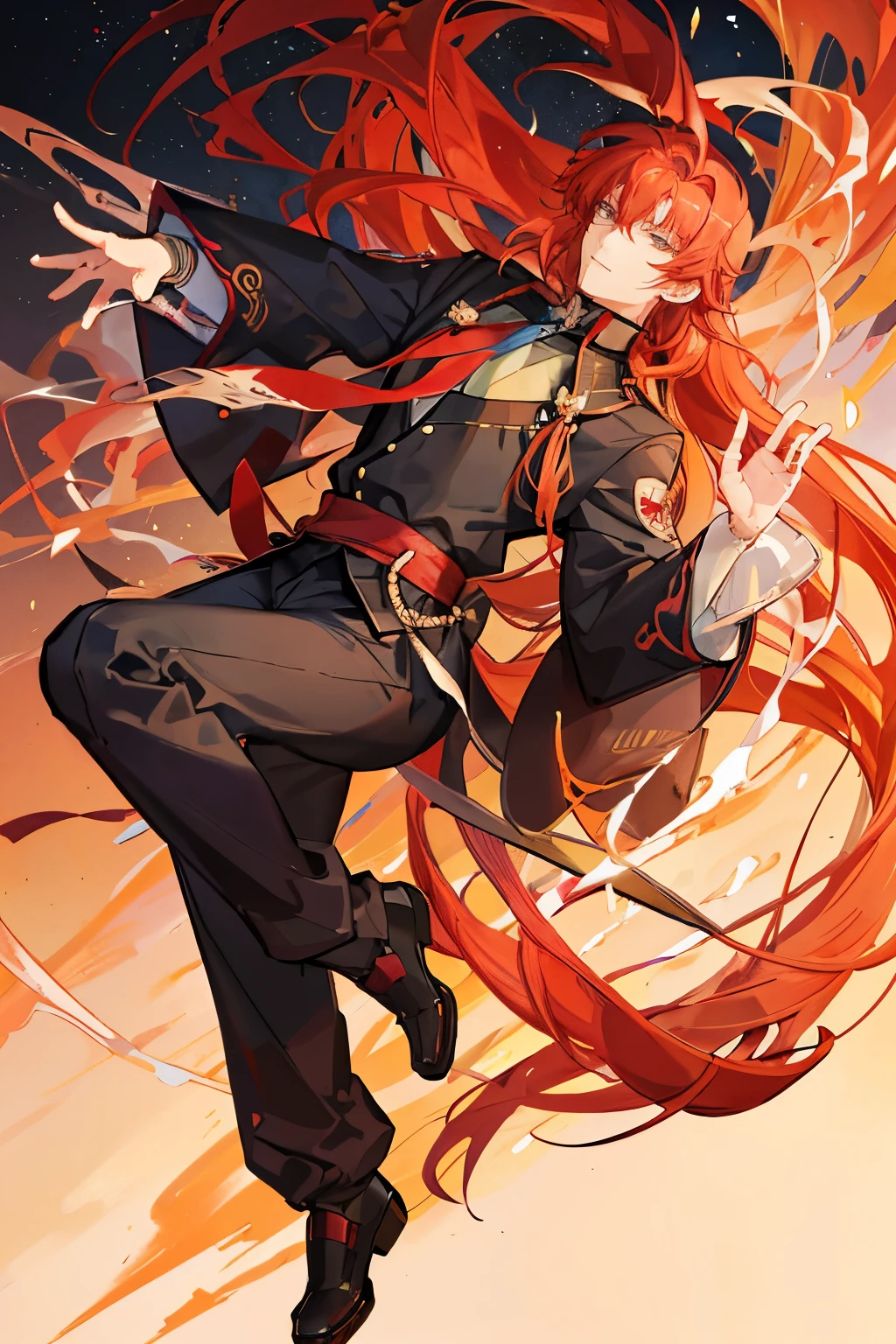 anime character with long hair and a red tie, kakyoin, kazuma kaneko, sosaku hanga, yu - no, symmetry!! portrait of akuma, akiyuki shinbou, seinen manga portrait, roguish smirk, koda kazuma, orange - haired anime boy, anime handsome man, makoto, profile shot