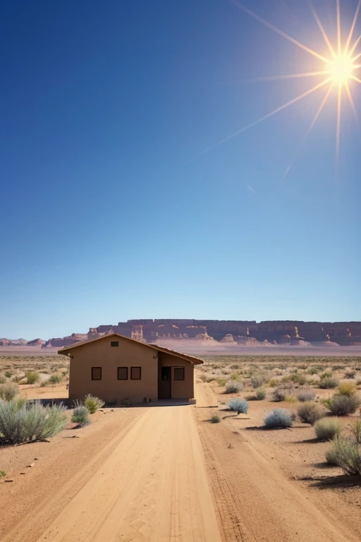 A small western house in a desert with a empty long highway and a bright beaming sun.