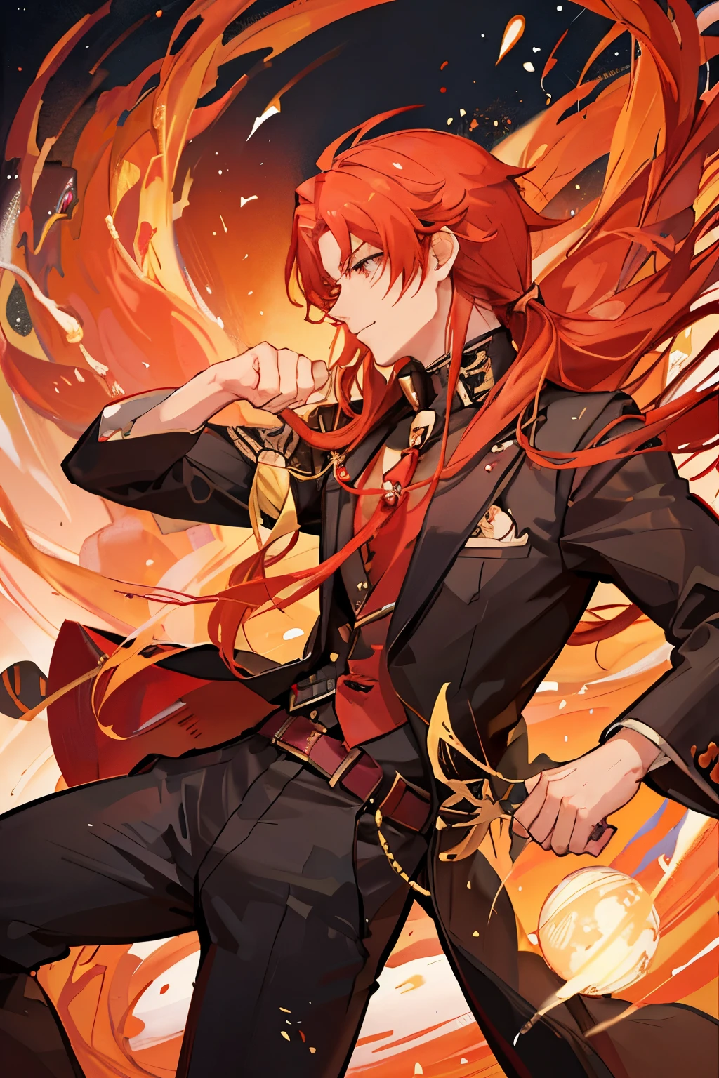 anime character with long hair and a red tie, kakyoin, kazuma kaneko, sosaku hanga, yu - no, symmetry!! portrait of akuma, akiyuki shinbou, seinen manga portrait, roguish smirk, koda kazuma, orange - haired anime boy, anime handsome man, makoto, profile shot