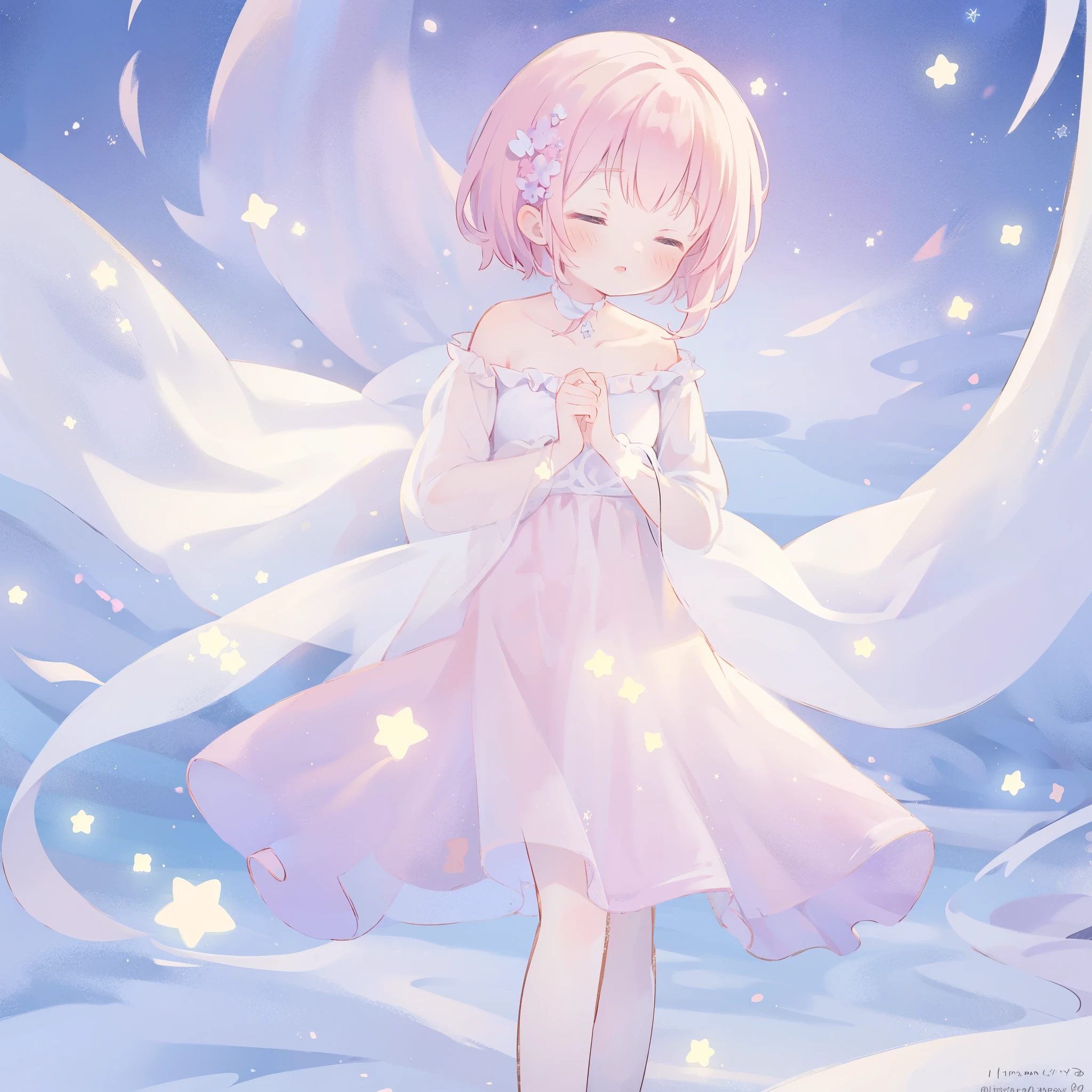 complex background, wishing star background, a woman wearing an ethereal mystical pink translucent dress that reflects the stars, dreamy, peaceful, serene composition, glowing stars, glowing, mystic, complex drawing, highly detailed, ethereal, starry night, midjourney style