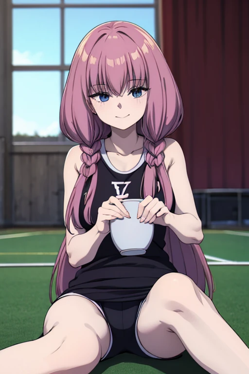 happy, soft smile, dating, comfy, alone, lonely, girlfriend, sport class, tracksuit, physical education class, indoor