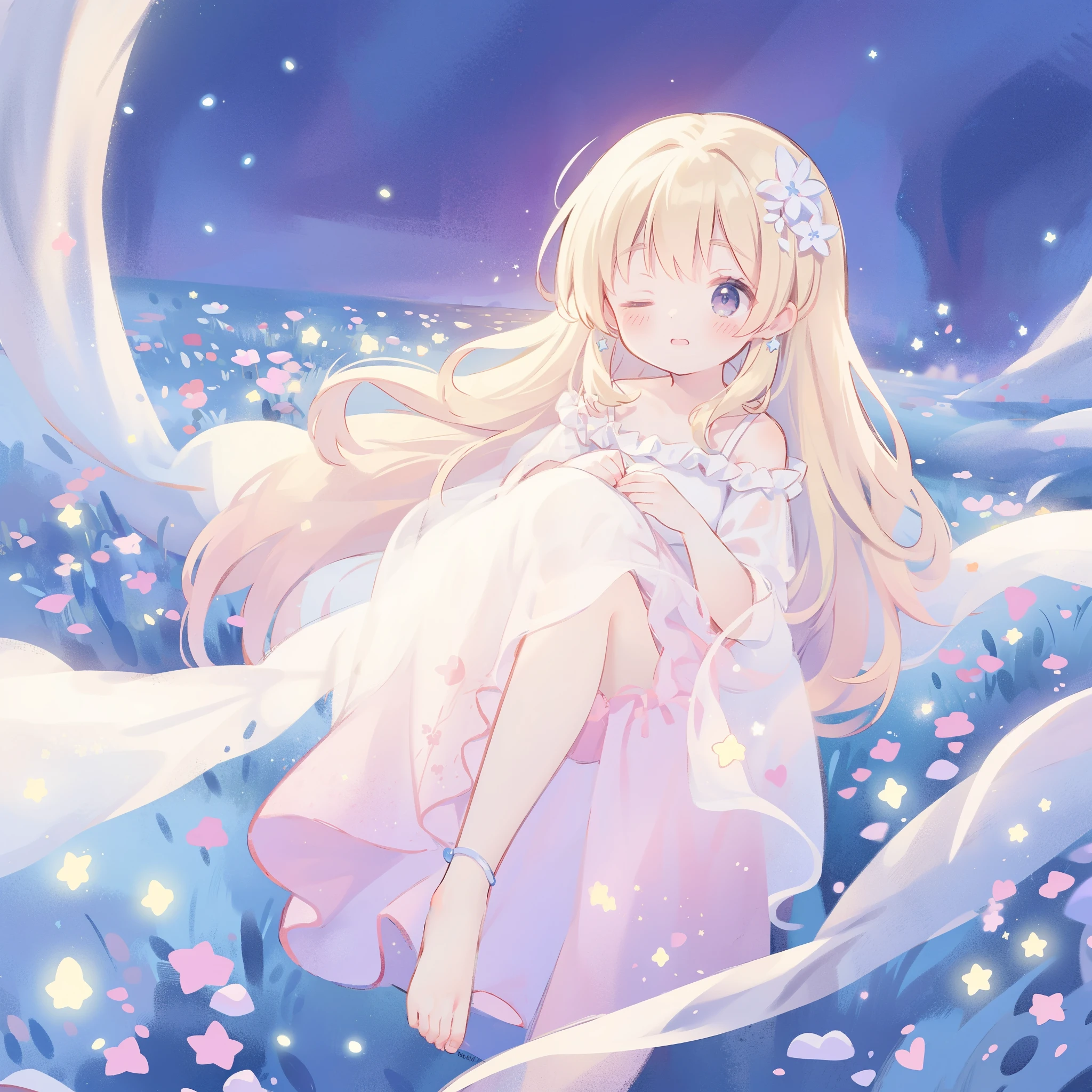complex background, wishing star background, a woman wearing an ethereal mystical pink translucent dress that reflects the stars, dreamy, peaceful, serene composition, glowing stars, glowing, mystic, complex drawing, highly detailed, ethereal, starry night, midjourney style