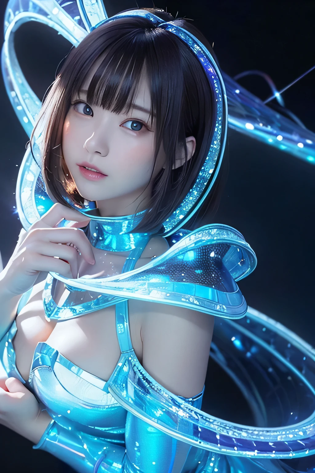 (8K、Highest quality、masterpiece、 Ultra-high resolution)、(Headshot closeup:1.4)、(Flat Body、slim、slender)、(12 years old)、Fantastic dresses、Artistic Background、Bioluminescence、geometry、、(Holographic Dress:1.23)、magic circle、Milky Way、