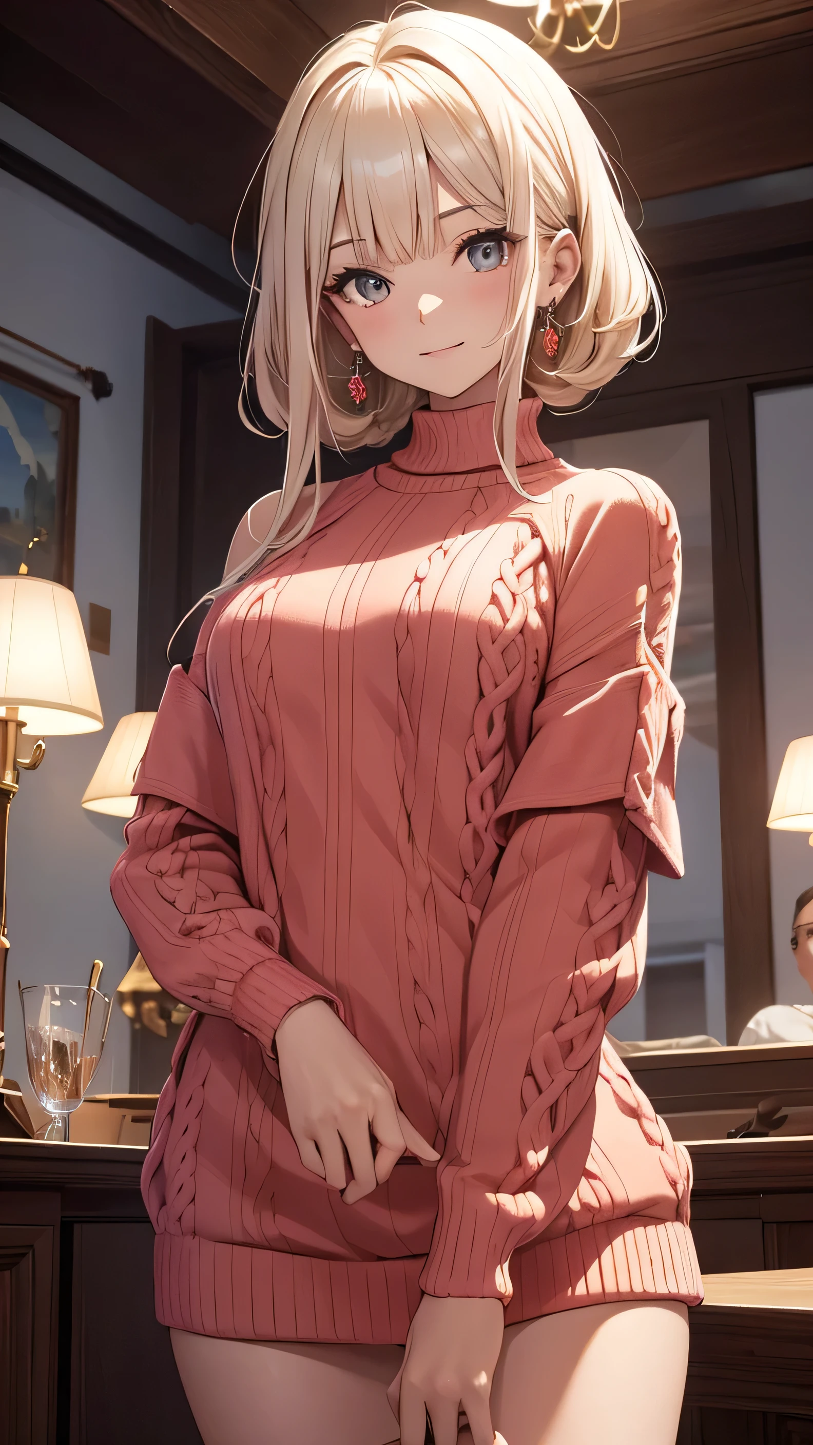 Obra de arte, melhor qualidade, high resolution, ultra detalhado, leve sorriso, uma mulher com longos cabelos brancos com franja, Olhos azuis claros, A beautiful girl looking at the camera, vista frontal,superior, ((light red sweater with wide shoulders, super detailed chunky jewelry,)) pernas nuas, noite, sala interior quente, image illuminated by a small lamp, profundidade de campo, (meio corpo: 0.8),