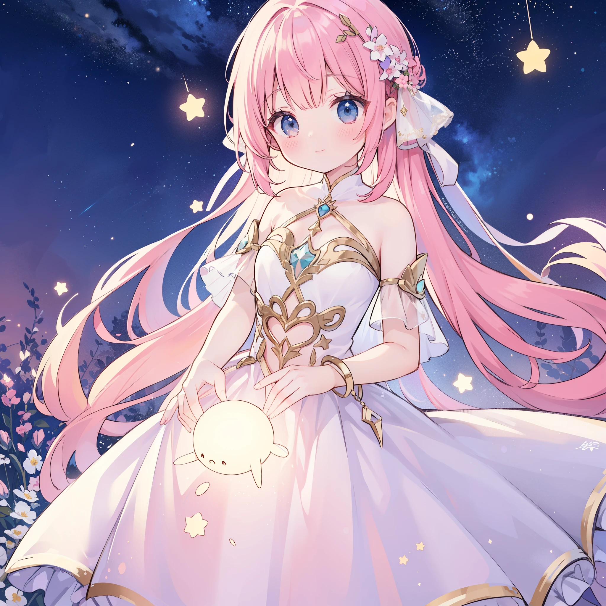 complex background, wishing star background, a woman wearing an ethereal mystical pink translucent dress that reflects the stars, dreamy, peaceful, serene composition, glowing stars, glowing, mystic, complex drawing, highly detailed, ethereal, starry night, midjourney style