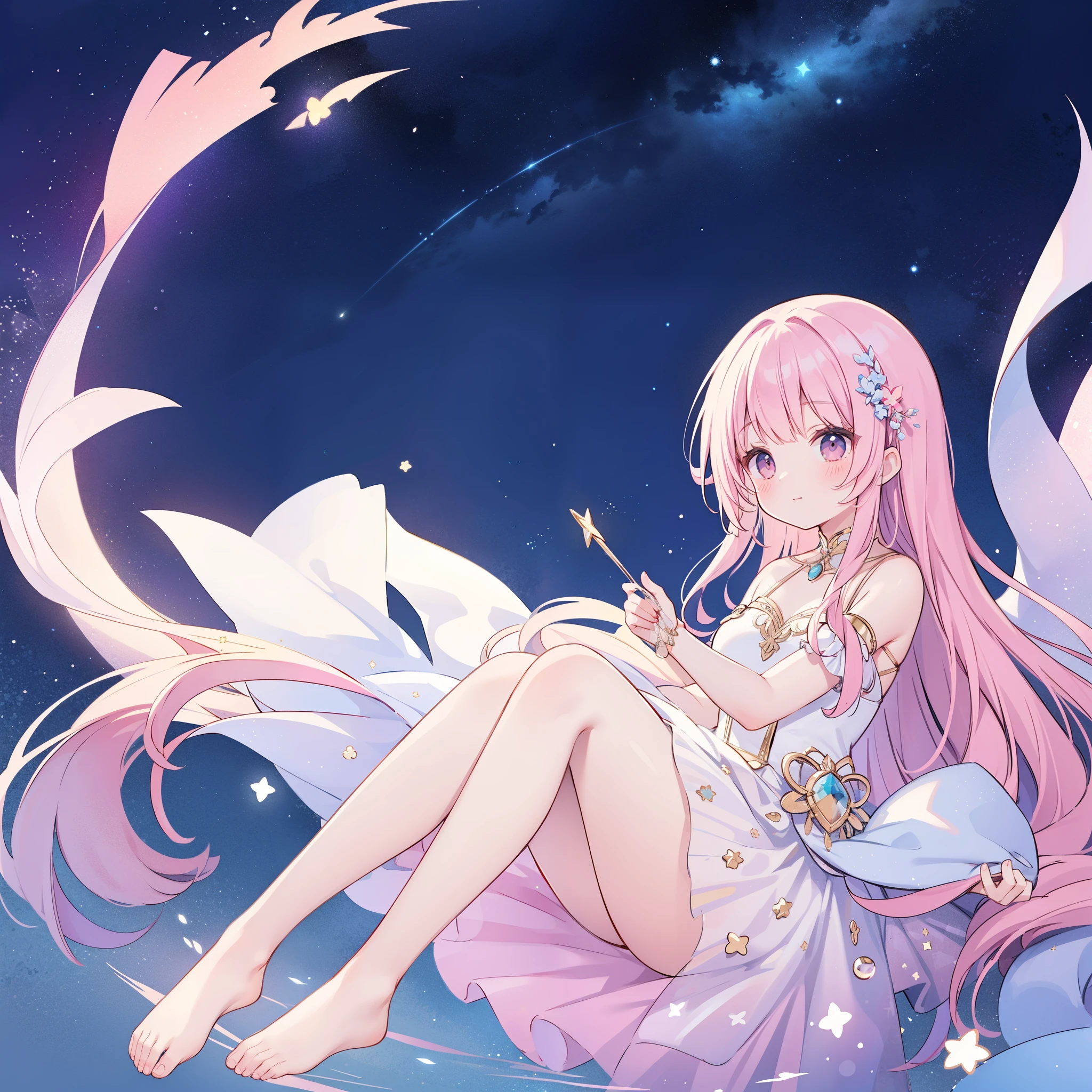 complex background, wishing star background, a woman wearing an ethereal mystical pink translucent dress that reflects the stars, dreamy, peaceful, serene composition, glowing stars, glowing, mystic, complex drawing, highly detailed, ethereal, starry night, midjourney style