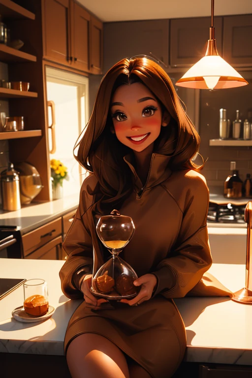 A brown haired woman with copper eyes and an hourglass figure in a sweatshirt dress is sitting on the kitchen counter with a big smile