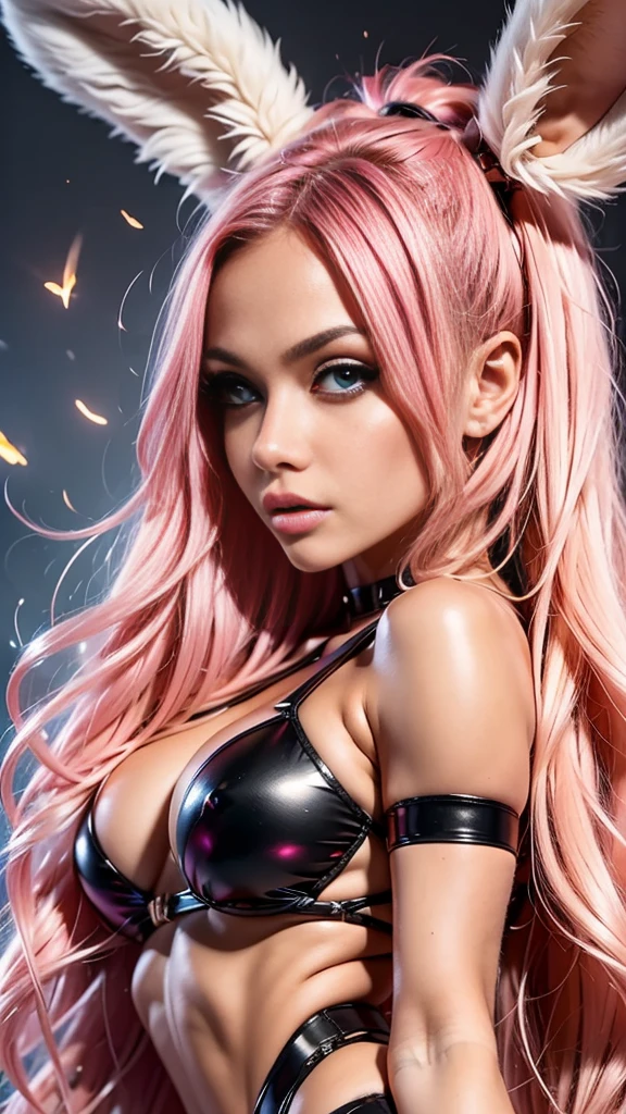 anime style, a closeup of a cartoon of a woman with ears and rabbit tail, with rabbit tail, with rabbit ears, girl design, mara, portrait, giesha, anime image, long hair, pink hair, hair covering ears, happy, polished and powerful look, exotic, tall  