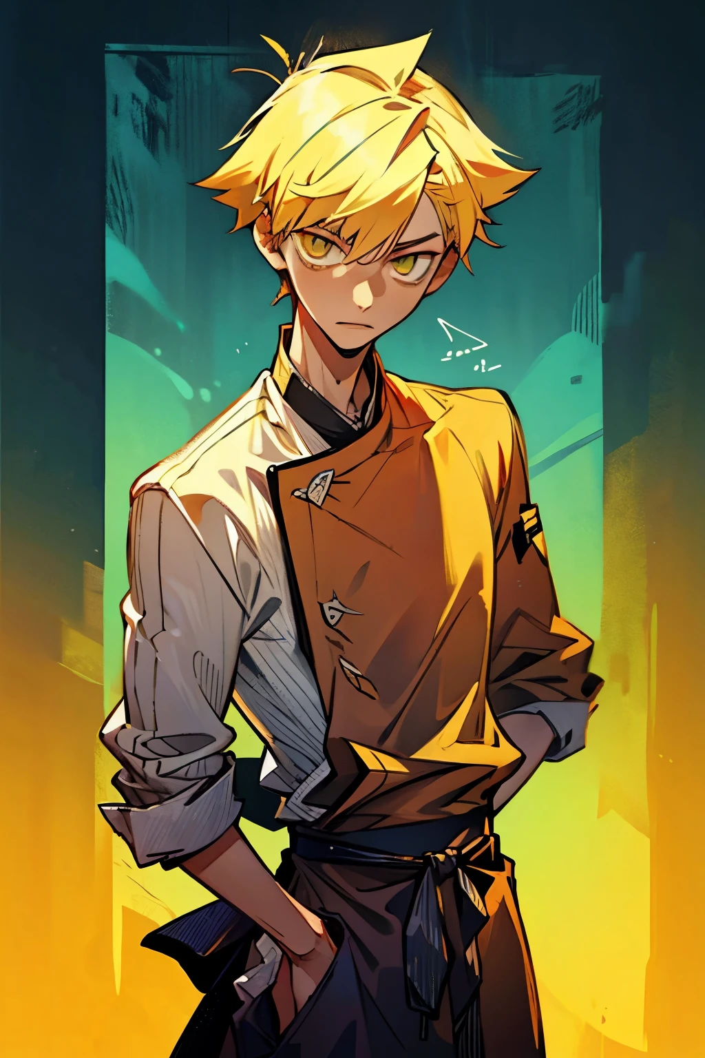 1kpop boy, slim body,fade cuted side yellow hair(hunter style), wears chef clothes yellow stripe upper, more sexier 