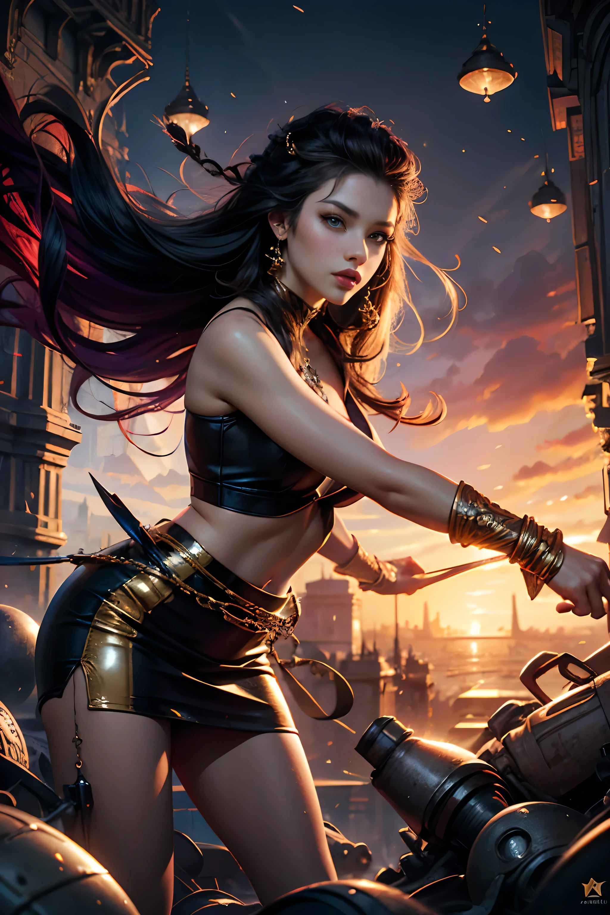 a painting of a woman with a long hair and a swirly hair, plumeria design splash art t-shirt and pencil skirt, fighting stance, digital art inspired by Cyril Rolando, black and gold designs, trending on cg society, fantasy art, jen bartel, digital art fantasy, colorfull digital fantasy art, gorgeous digital art, beautiful art uhd 4 k, digital art fantasy art, exquisite digital illustration, beautiful digital artwork, stunning digital illustration