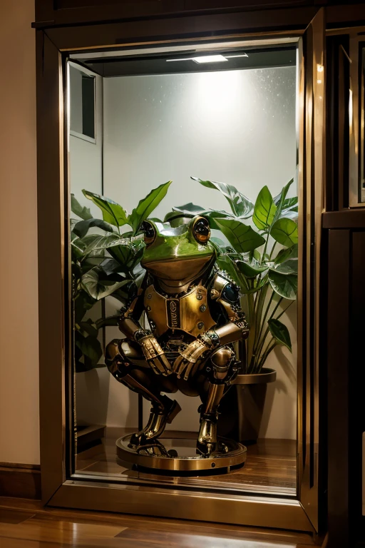 a mechanical steampunk frog,mirrored infinite plant room,glass frogs,beautiful detailed eyes,detailed metal textures,intricate gears and clockwork,complex steampunk machinery,dramatic lighting,vibrant color palette,highly detailed,8k,photorealistic,masterpiece